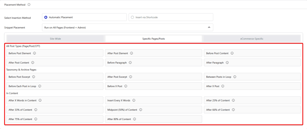 automatic placement specific pages posts new