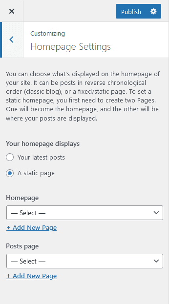 customiser homepage settings