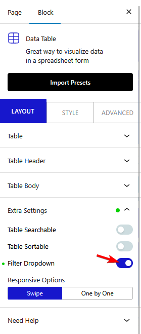data table filter dropdown new