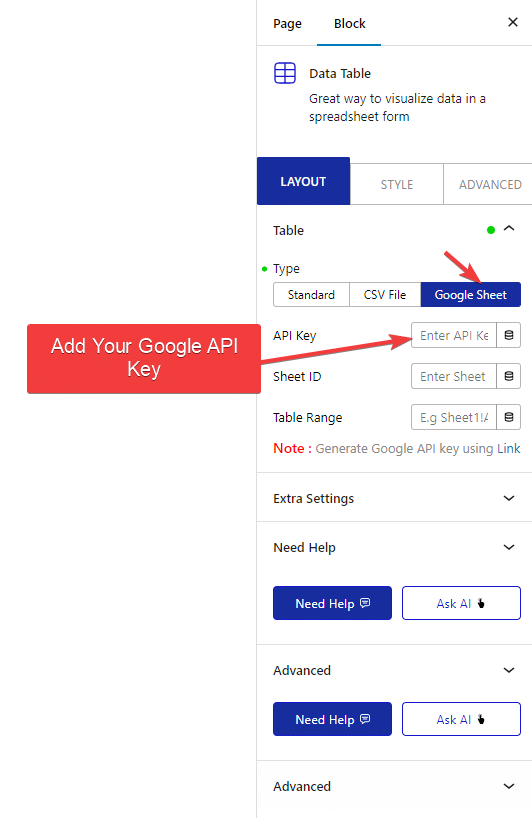 data table google api key new