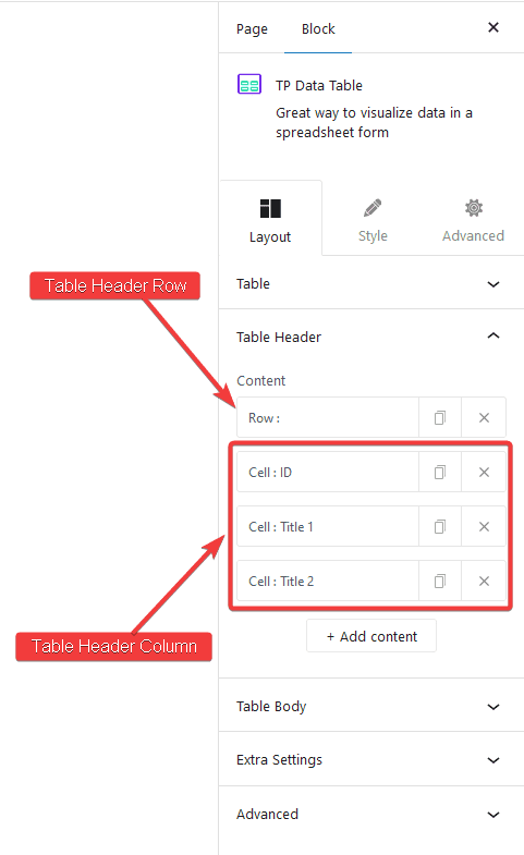 data table header stracture