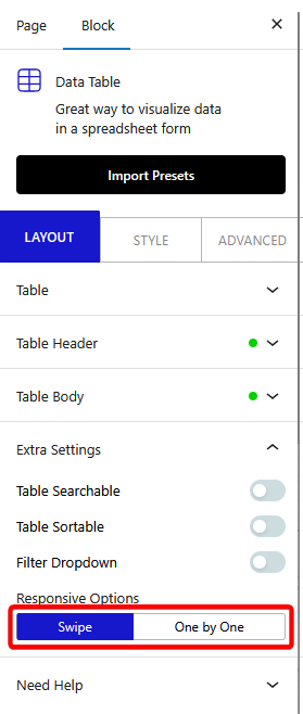 data table responsive options new