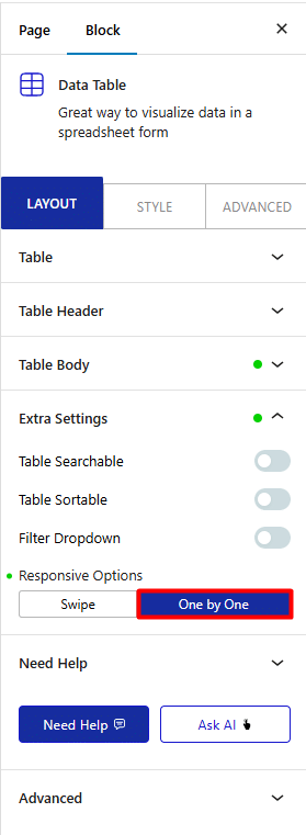 data table responsive options