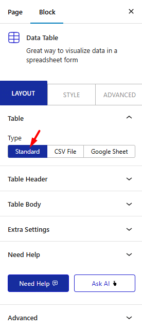 data table standard 3