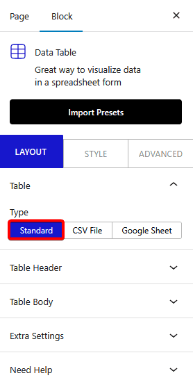 data table standard new