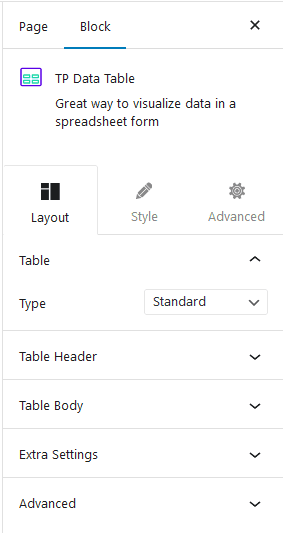 data table standard