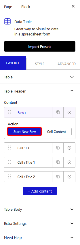 data table start new row new