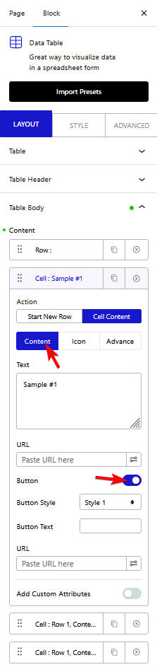 data table table body button new