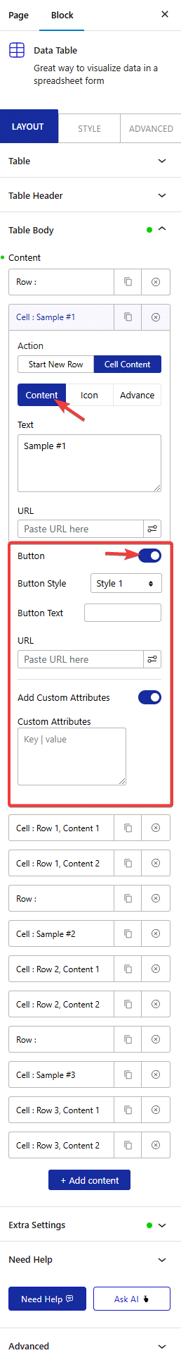 data table table body button