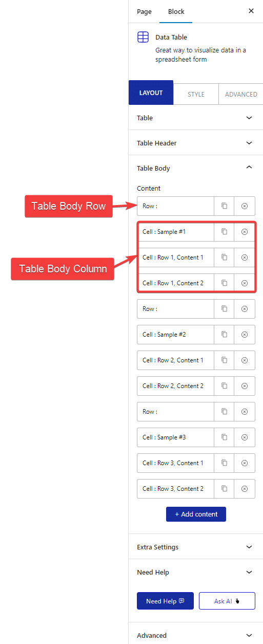 data table table body row new