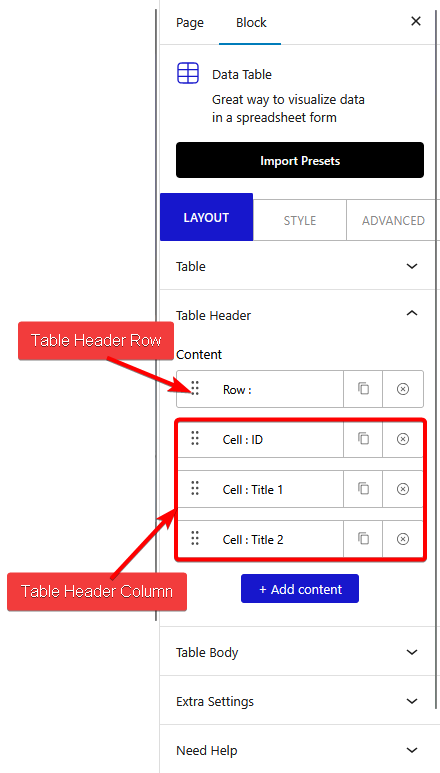 data table table header row new 2