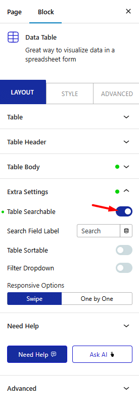 data table table searchable