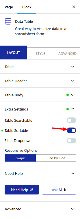 data table table sortable