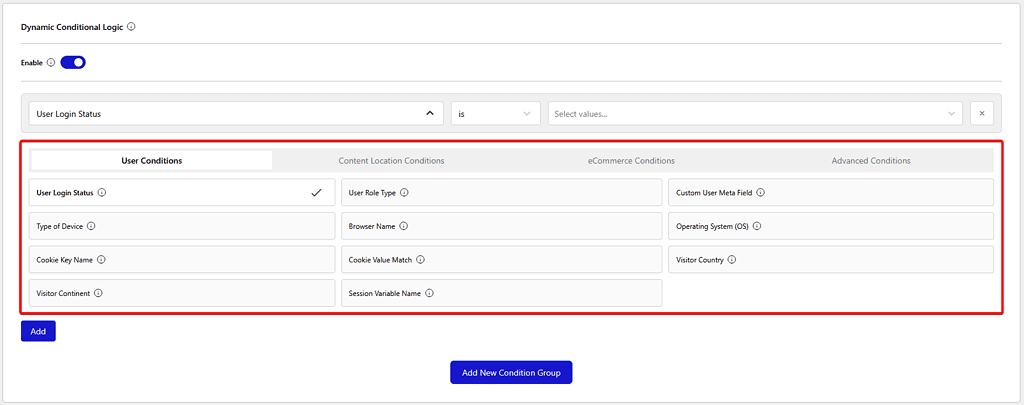 dynamic condition logic options
