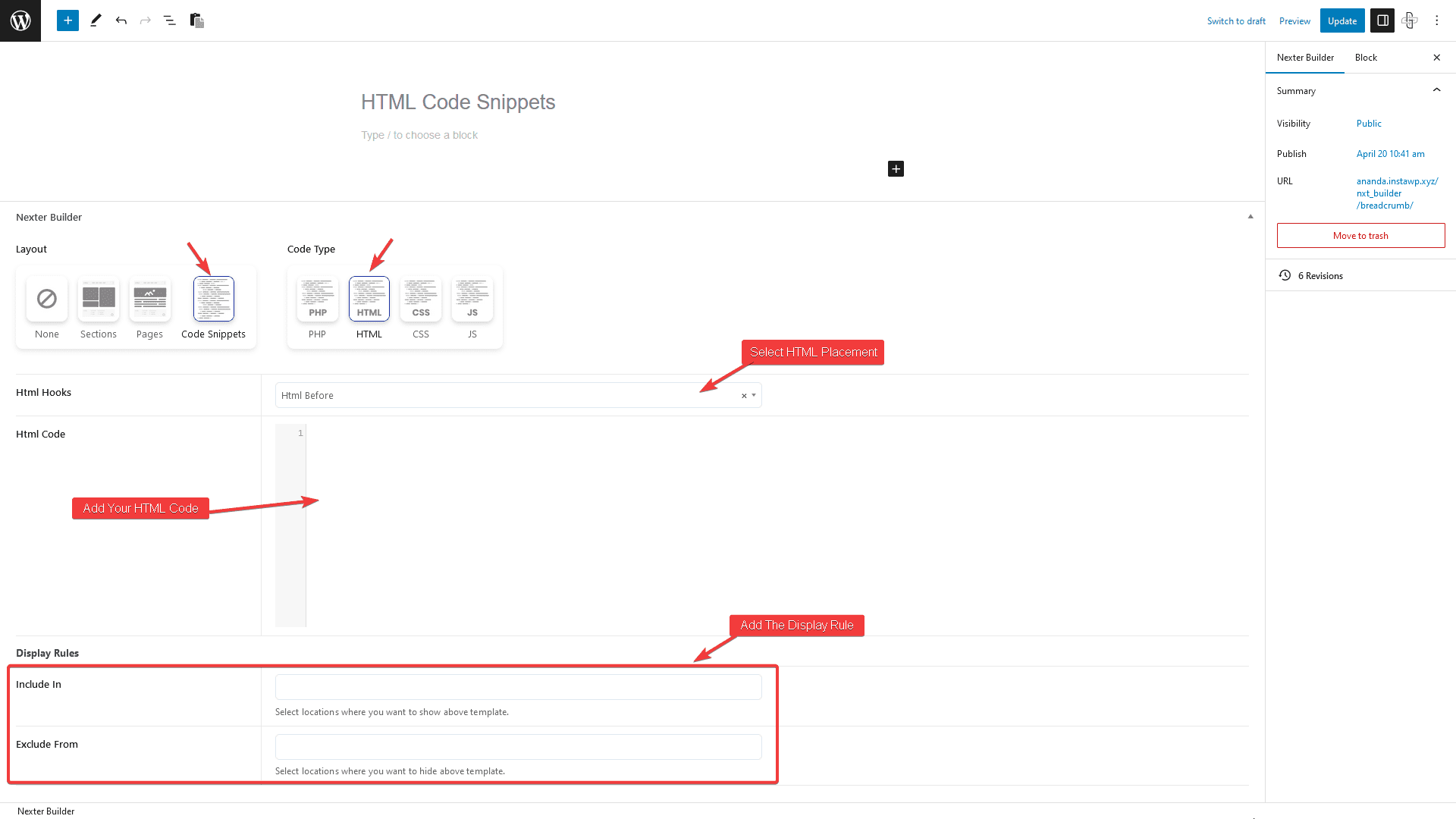 nexter builder code snippets html