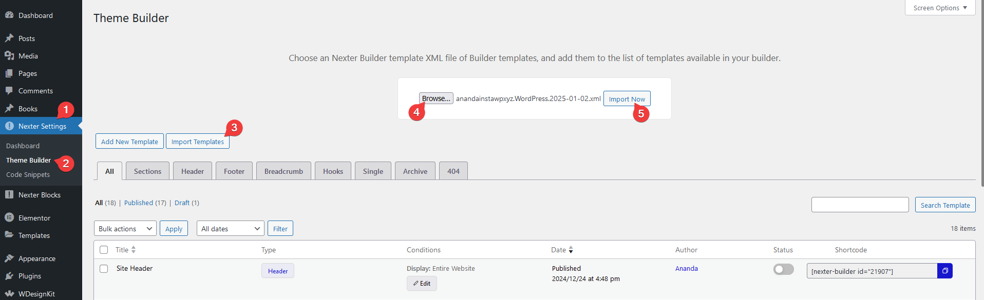 nexter builder import template