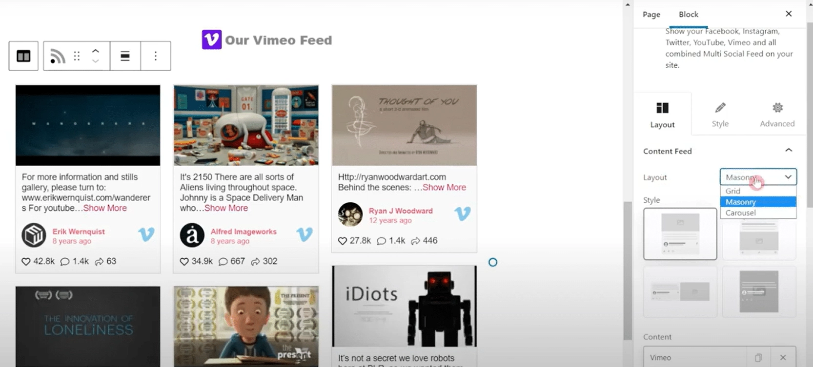 Vimeo Feed Layouts Options 1