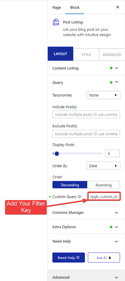 post listing custom query id 1