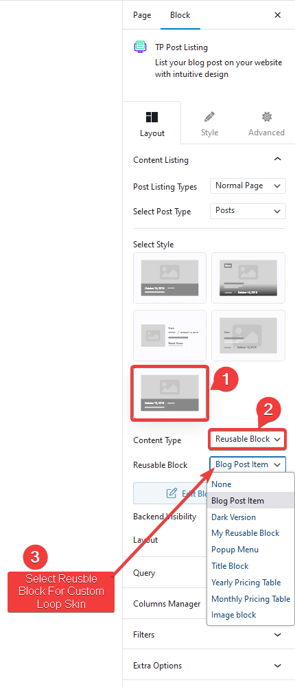 post listing custom style reusable block