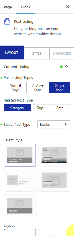 post listing layout custom single post types books