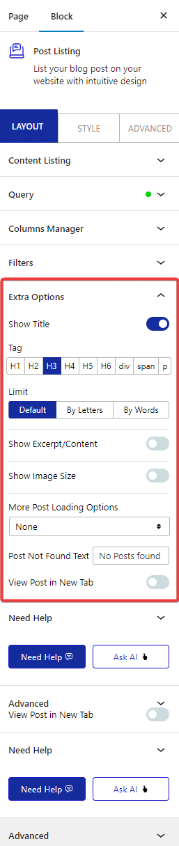 post listing layout extra options