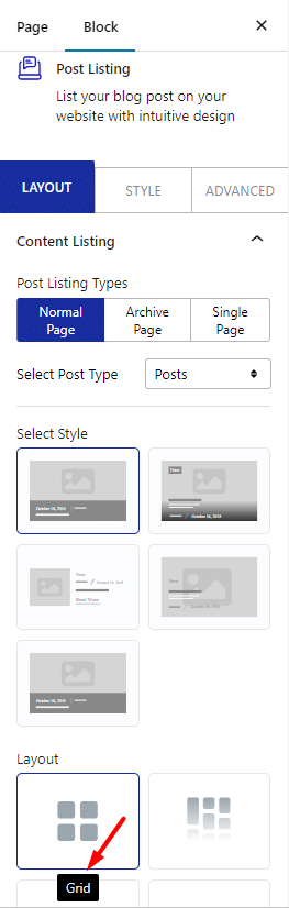 post listing layout grid