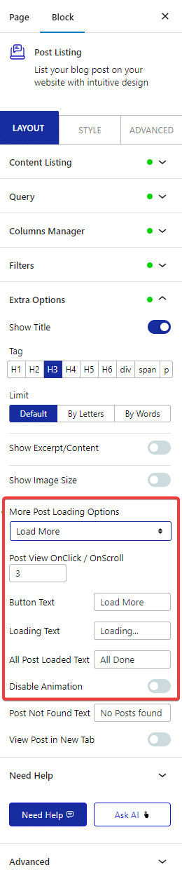 post listing layout load more