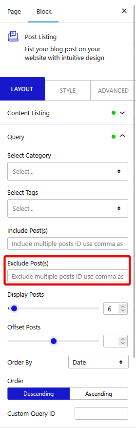 post listing layout query exclude posts new