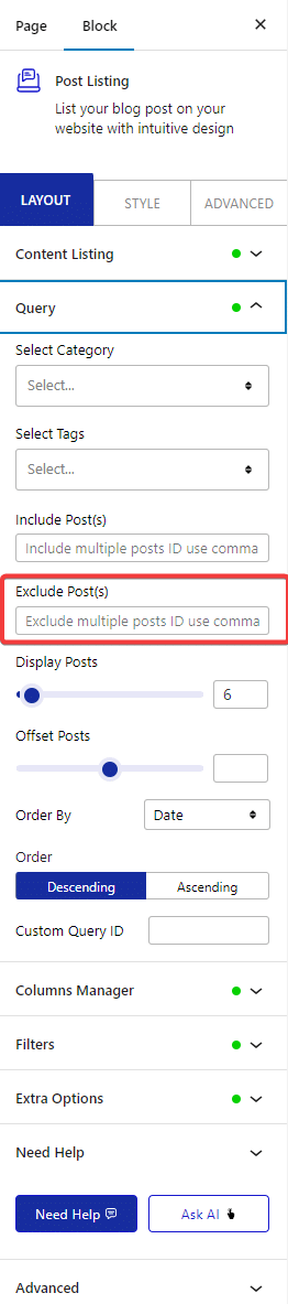 post listing layout query exclude posts