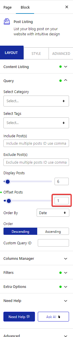 post listing layout query offset posts 1