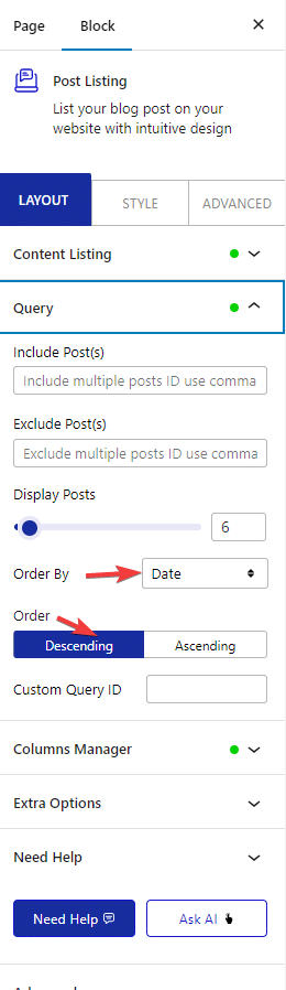 post listing layout query order by order