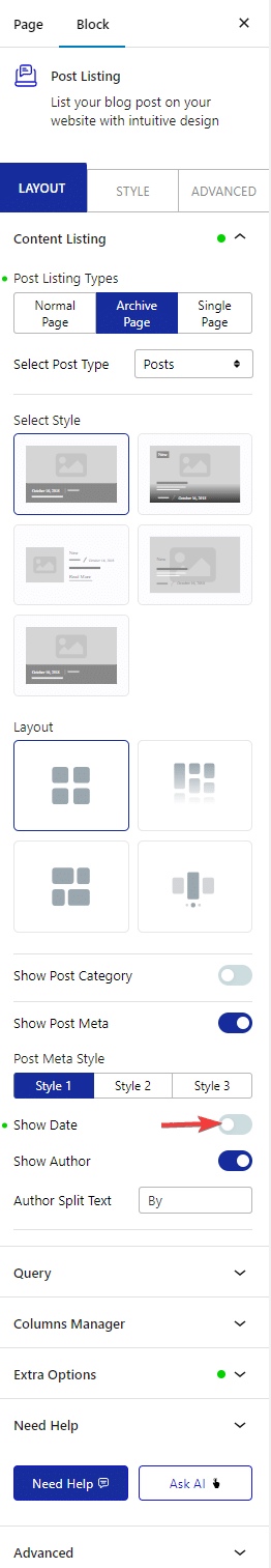 post listing layout show date