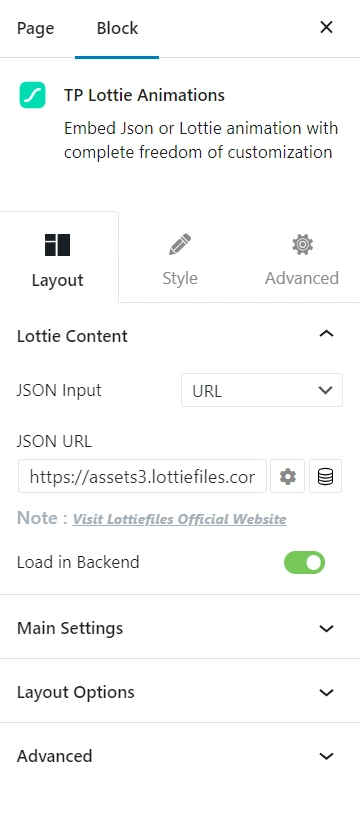 Lottie Animation URL in the JSON URL section