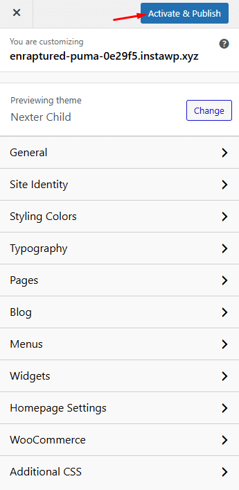 nexter blocks child theme activate publish