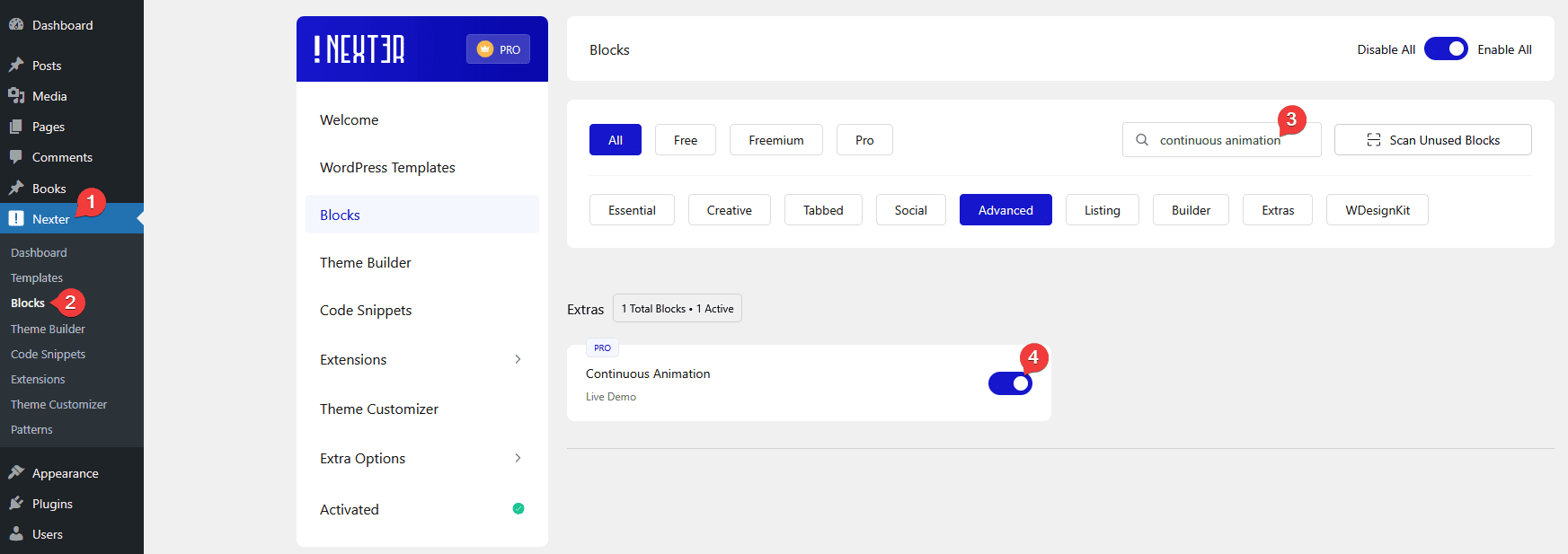 advanced tab continuous animation activation