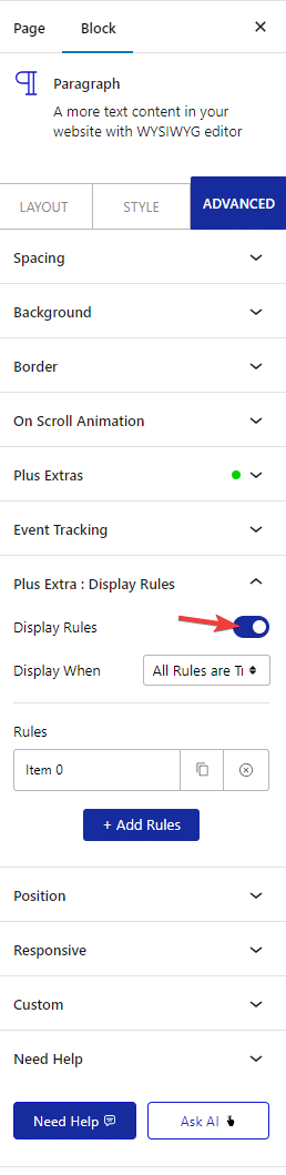 advanced tab display rules tab