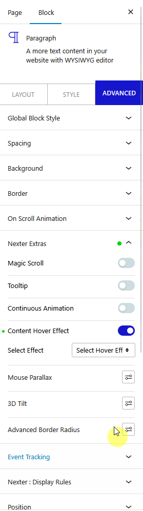advanced tab nexter extras content hover