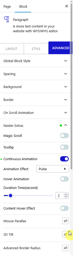 advanced tab nexter extras continuous animation