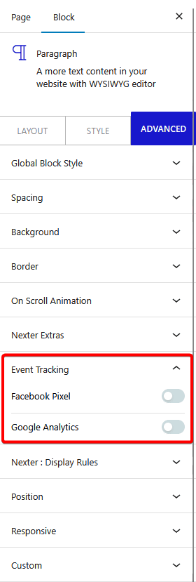 advanced tab nexter extras event tracking