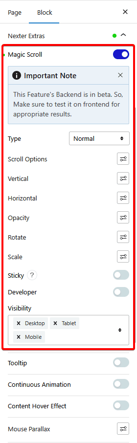 advanced tab nexter extras magic scroll