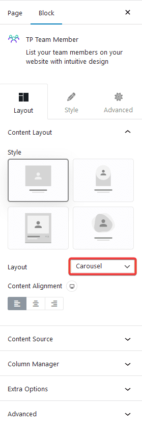 team member carousel layout