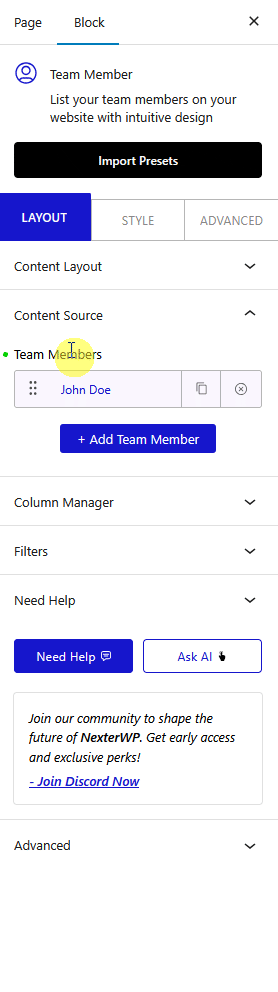 team member content sorce add team member new