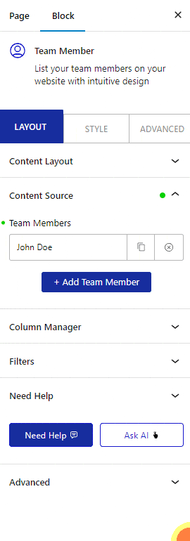 team member content sorce add team member