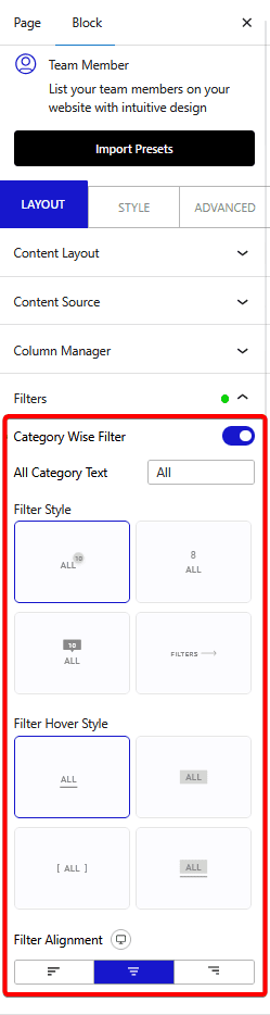 team member layout filters new
