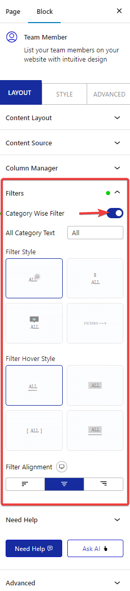 team member layout filters