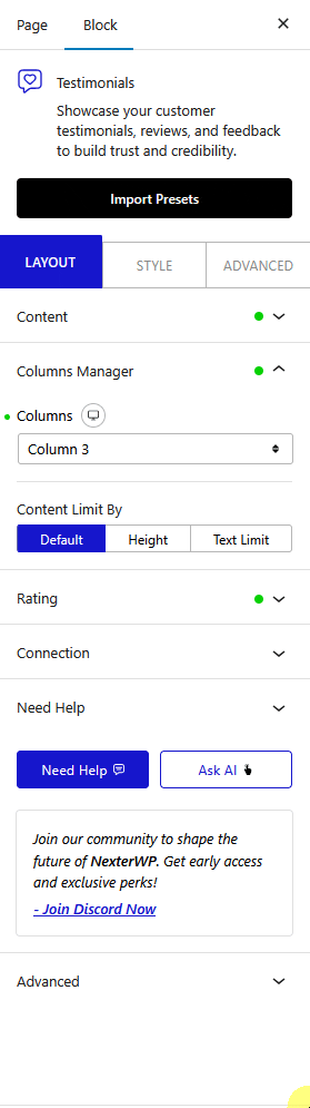 testimonail content limit new