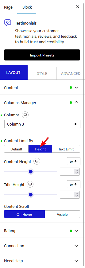 testimonial column manage height new