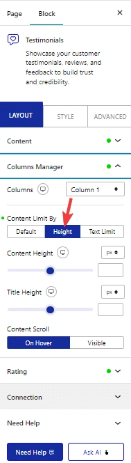 testimonial column manage height