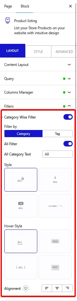 product listing category filter new