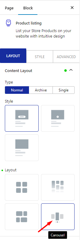 product listing content layout carousel